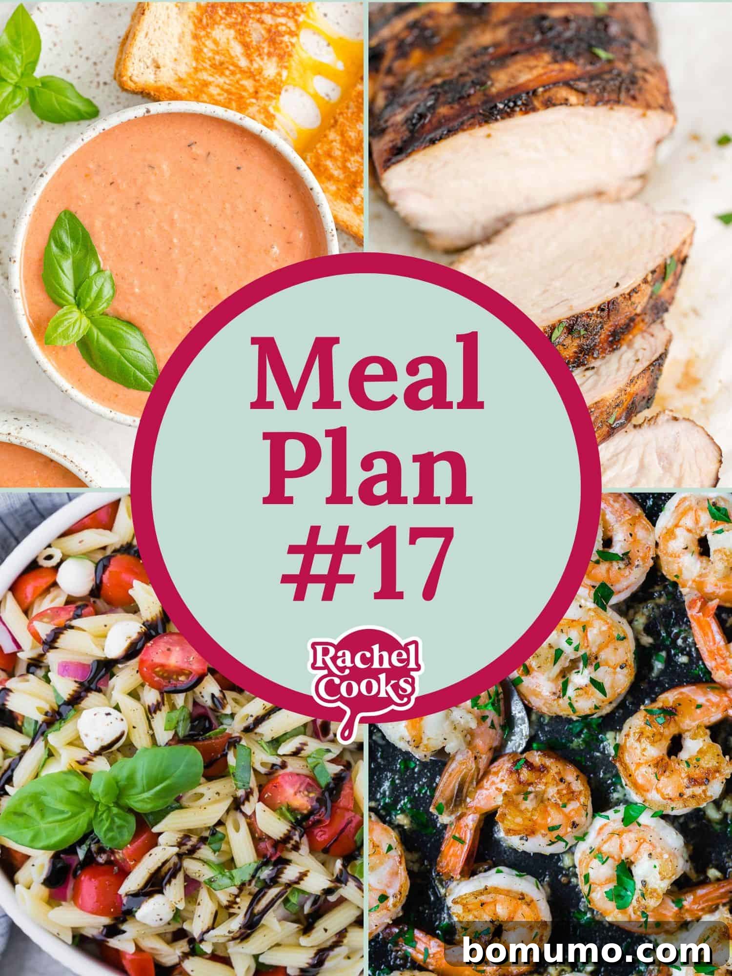 A beautifully arranged meal plan graphic with text highlighting delicious and easy family meals.