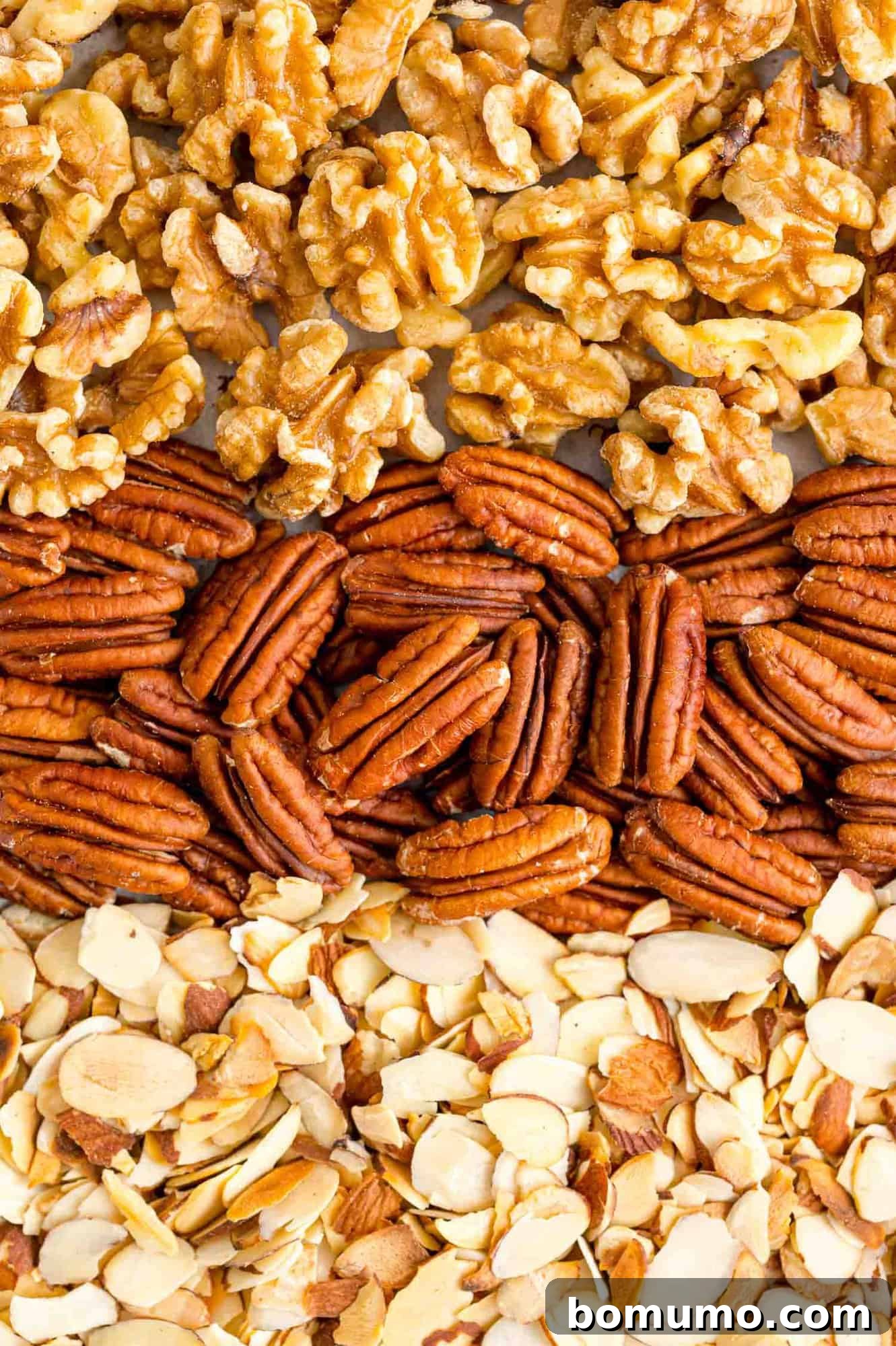 A baking sheet showcasing a beautiful variety of toasted nuts: sliced almonds, pecan halves, and walnut pieces, all perfectly golden-brown.