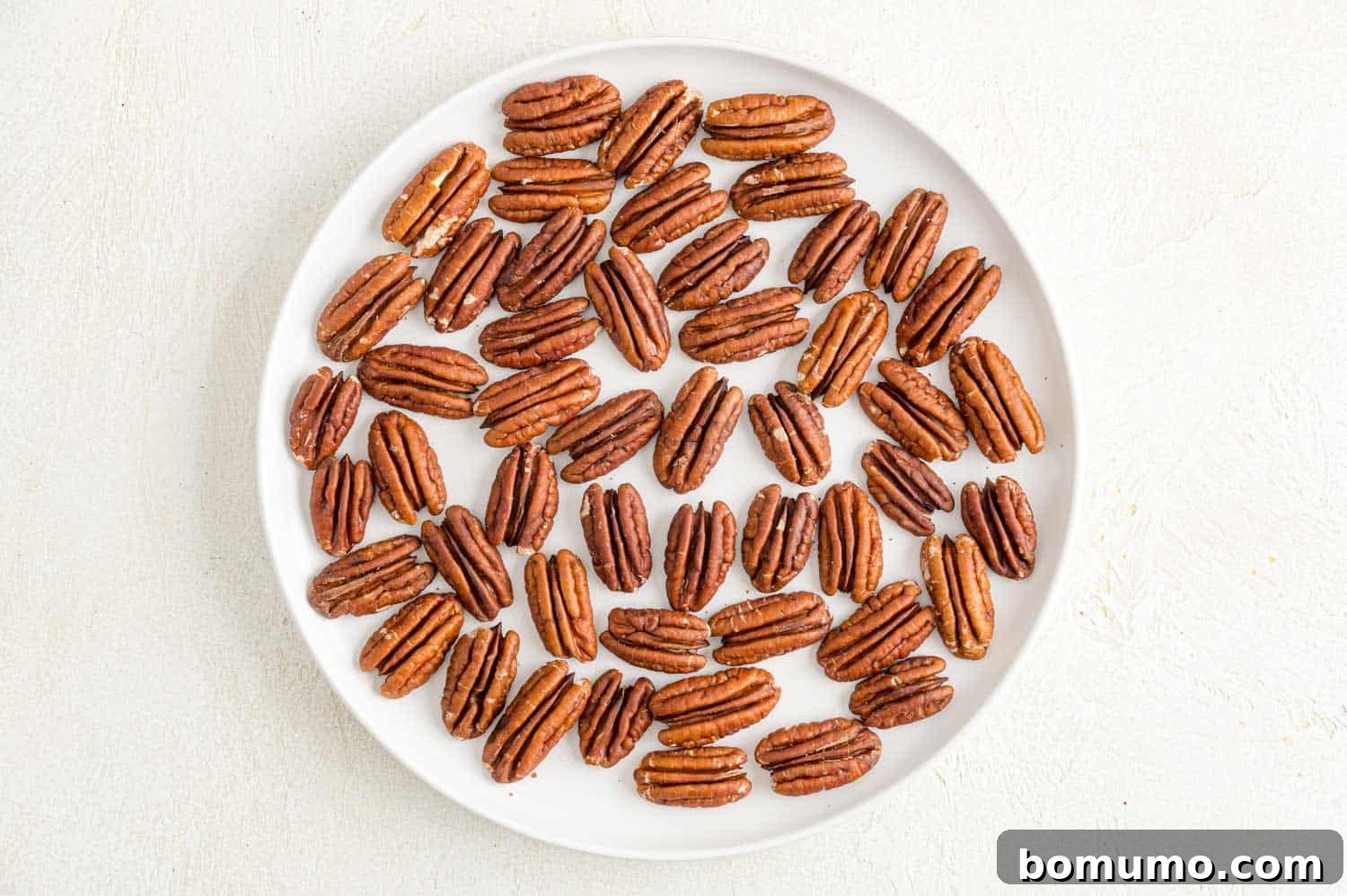 Whole pecan halves arranged neatly on a clean white plate, ready for toasting in the microwave.