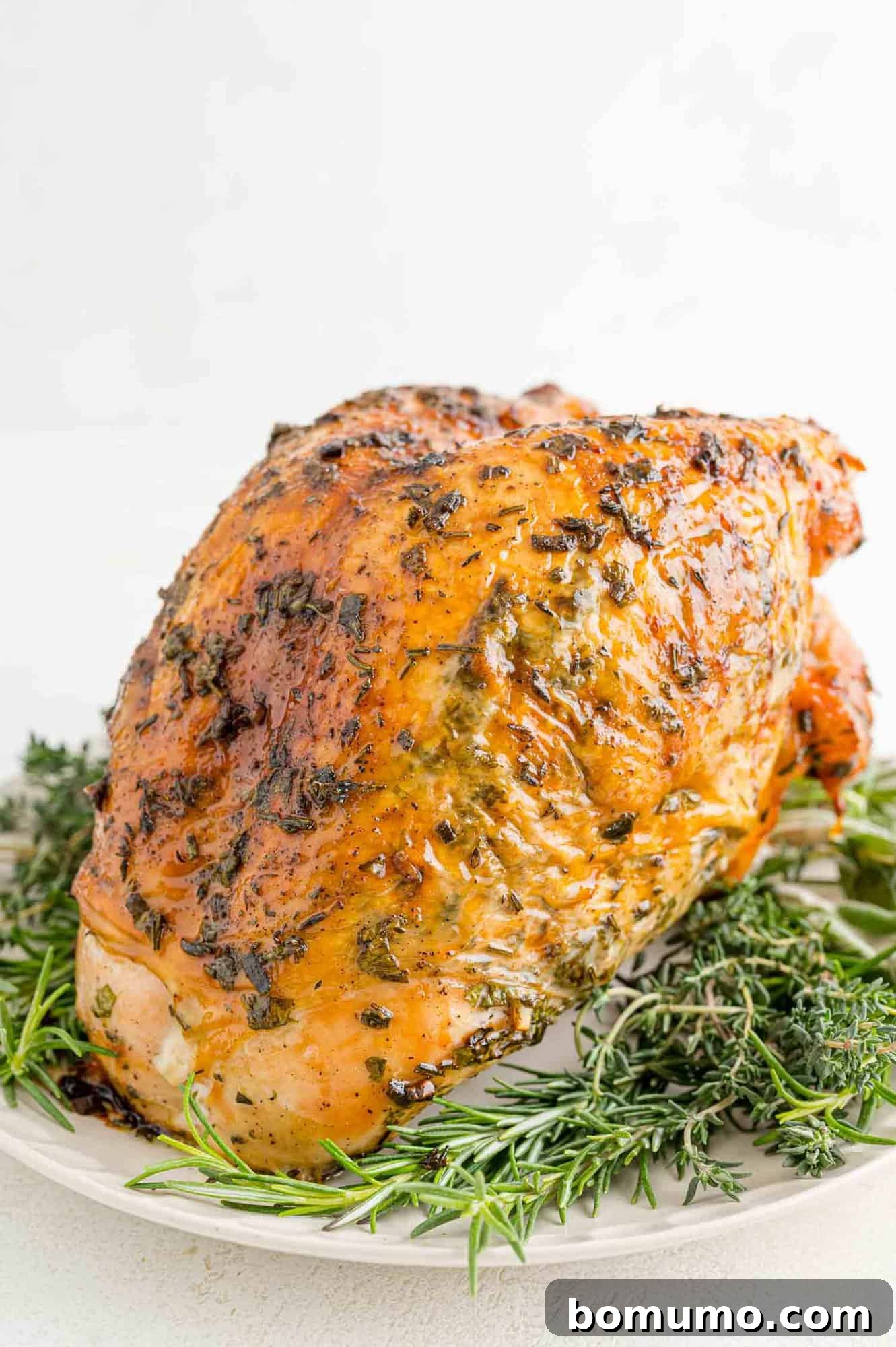 A perfectly cooked, golden-brown turkey breast resting on a wooden cutting board, unsliced and awaiting its moment to be carved.
