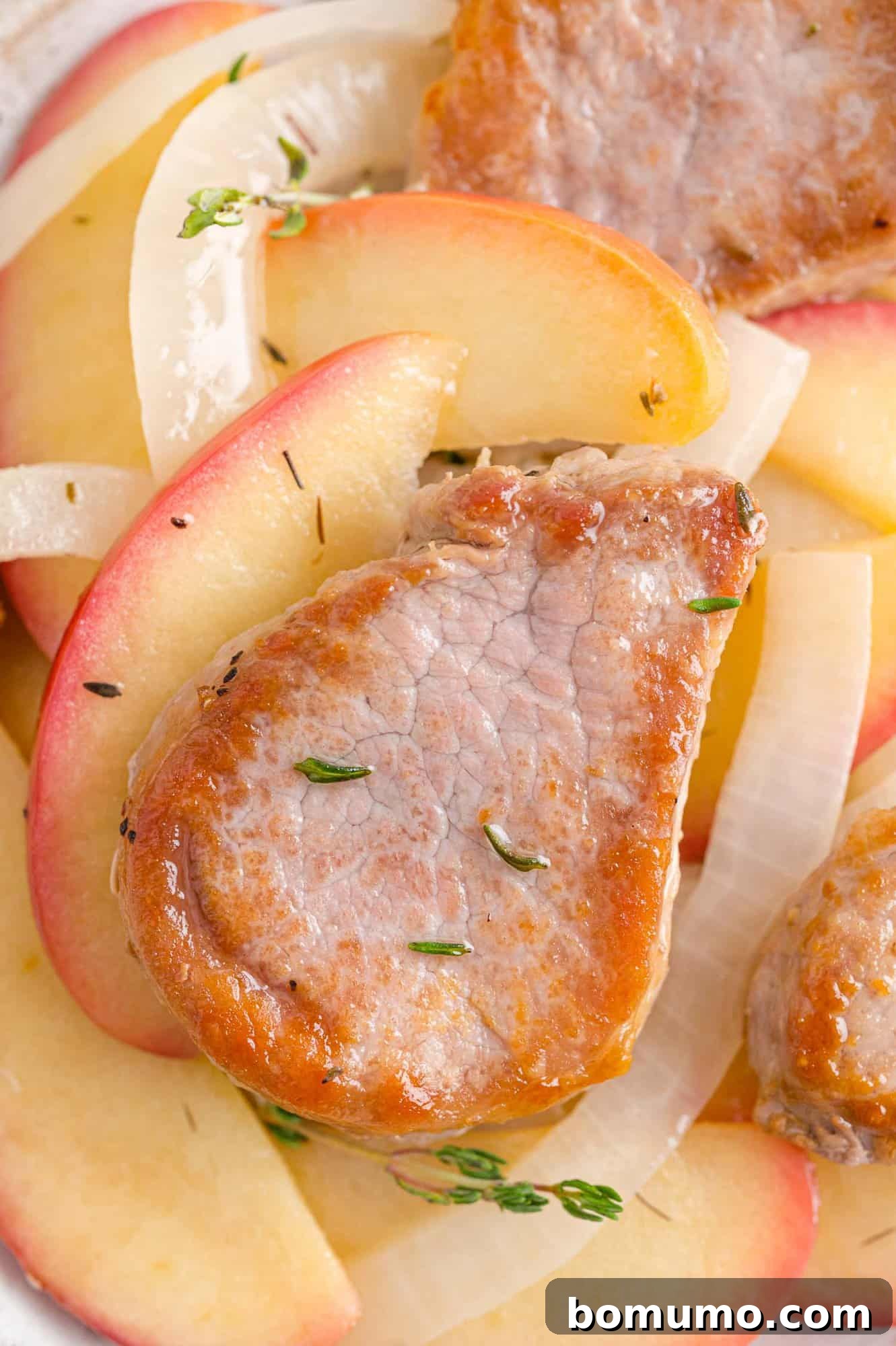 A close-up view of a beautifully browned, tender slice of pork tenderloin, showing its juicy texture.