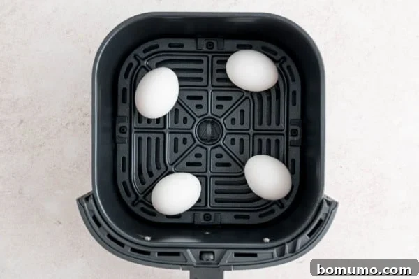 Four fresh eggs carefully and neatly arranged within the basket of an air fryer, showcasing proper spacing before the cooking process begins.