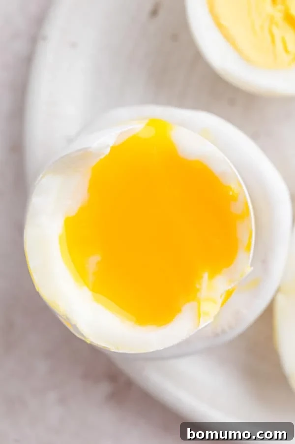 A close-up view of one half of a perfectly soft-boiled egg on a plate, revealing its rich, runny yolk and creamy texture. This egg was cooked for 10 minutes in the air fryer.