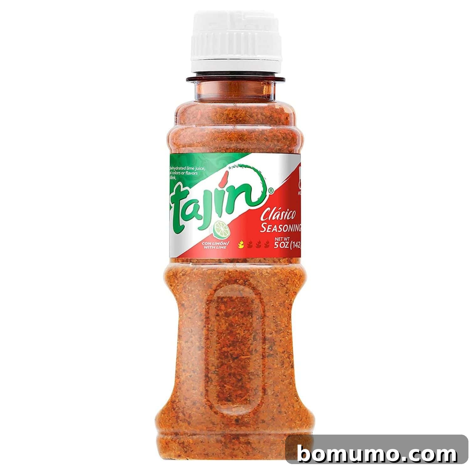A vibrant red bottle of Tajin seasoning, an essential ingredient for a spicy margarita rim, stands against a clean background.