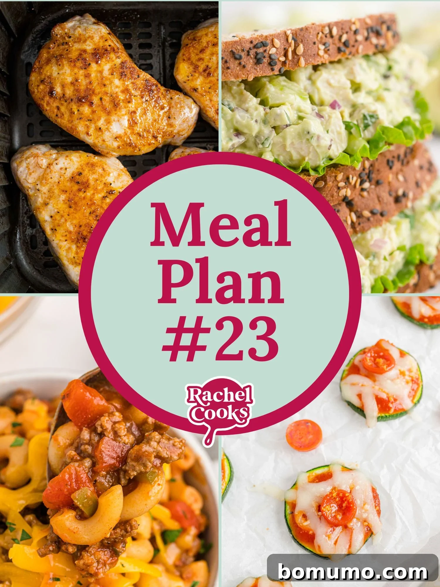 A vibrant graphic showcasing a weekly meal plan with appetizing photos and text, emphasizing ease and organization in meal preparation.