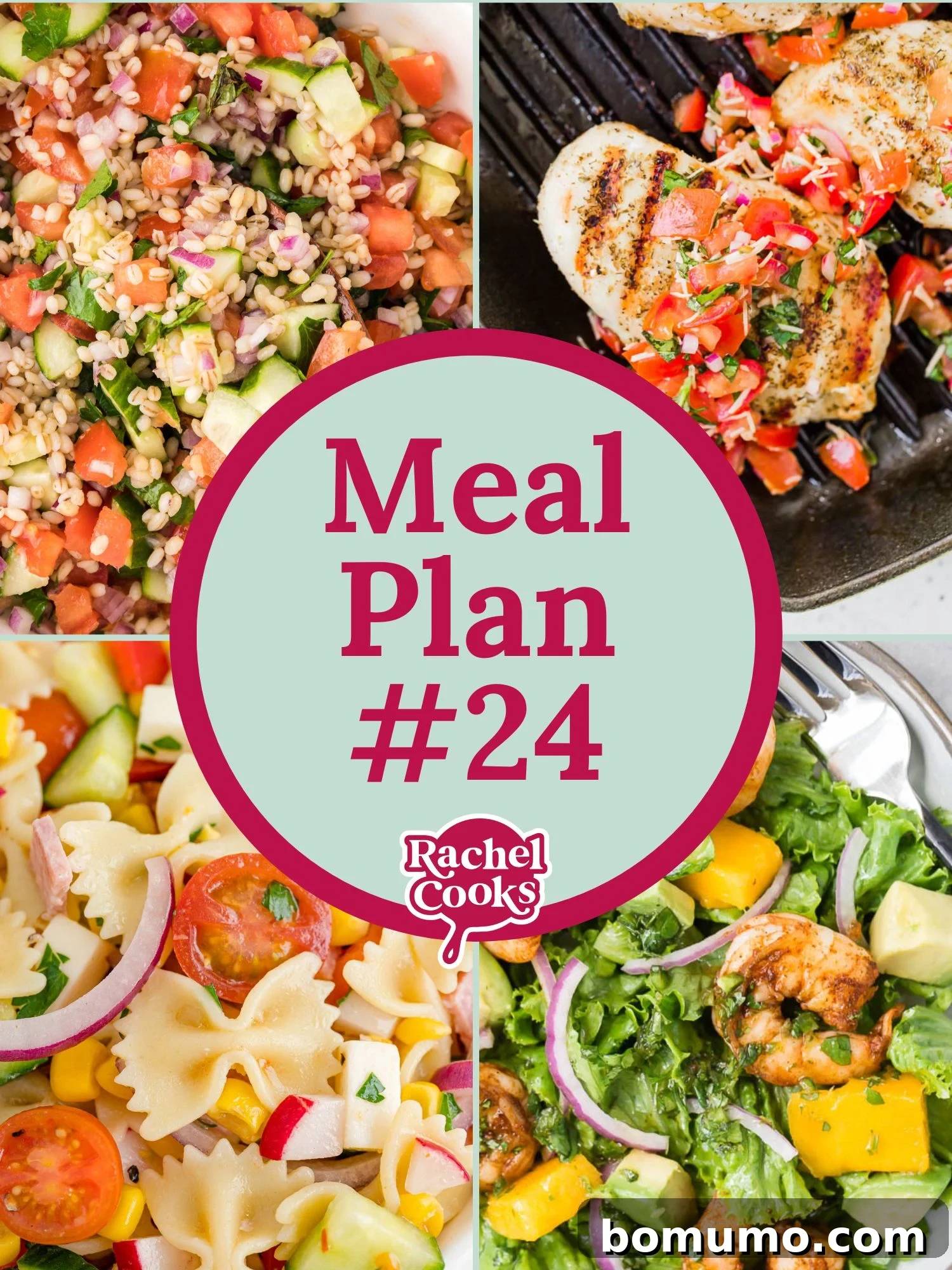 Meal plan 24 graphic with text and recipe images, depicting a vibrant and balanced menu for a week.
