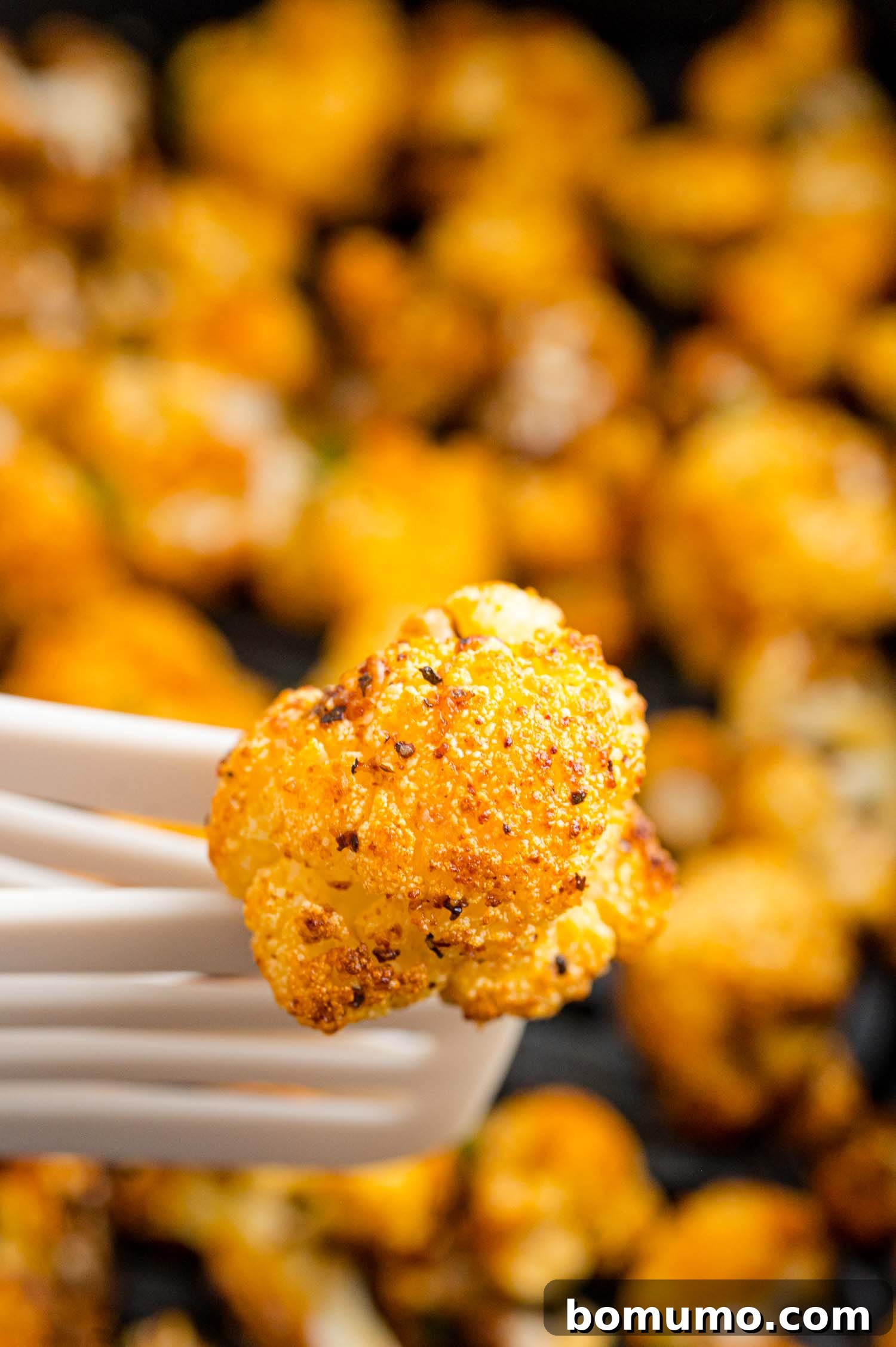 Close up of an air fried cauliflower floret lifted up on a spatula, with more cauliflower in the air fryer in the background.
