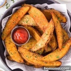Air fryer potato wedges in a bowl with ketchup on the side.