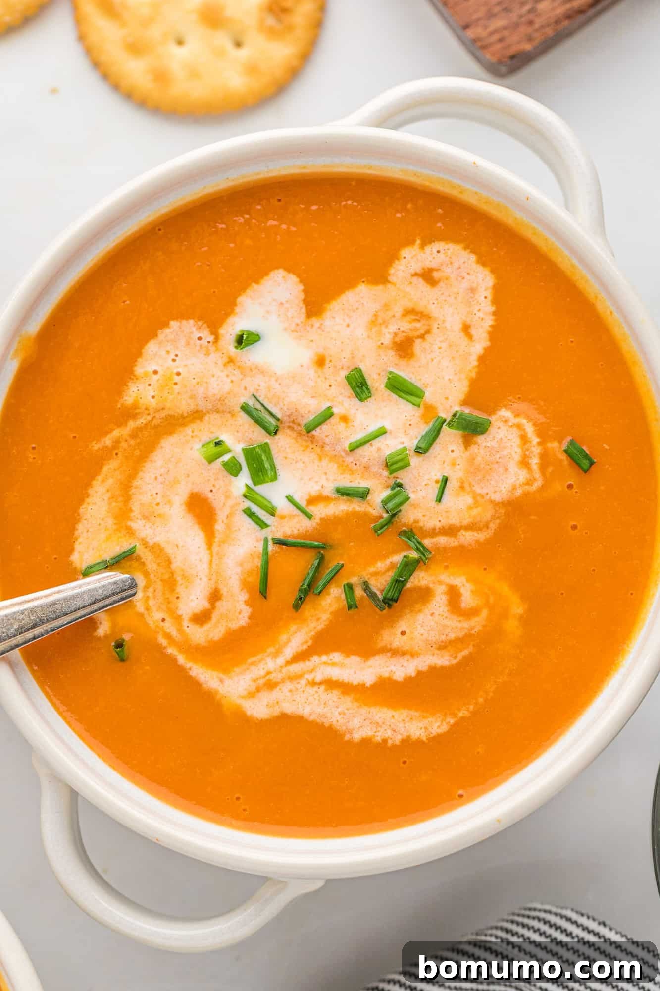 Creamy ginger-scented carrot soup swirled with cream and topped with fresh chives, presented in a rustic bowl.