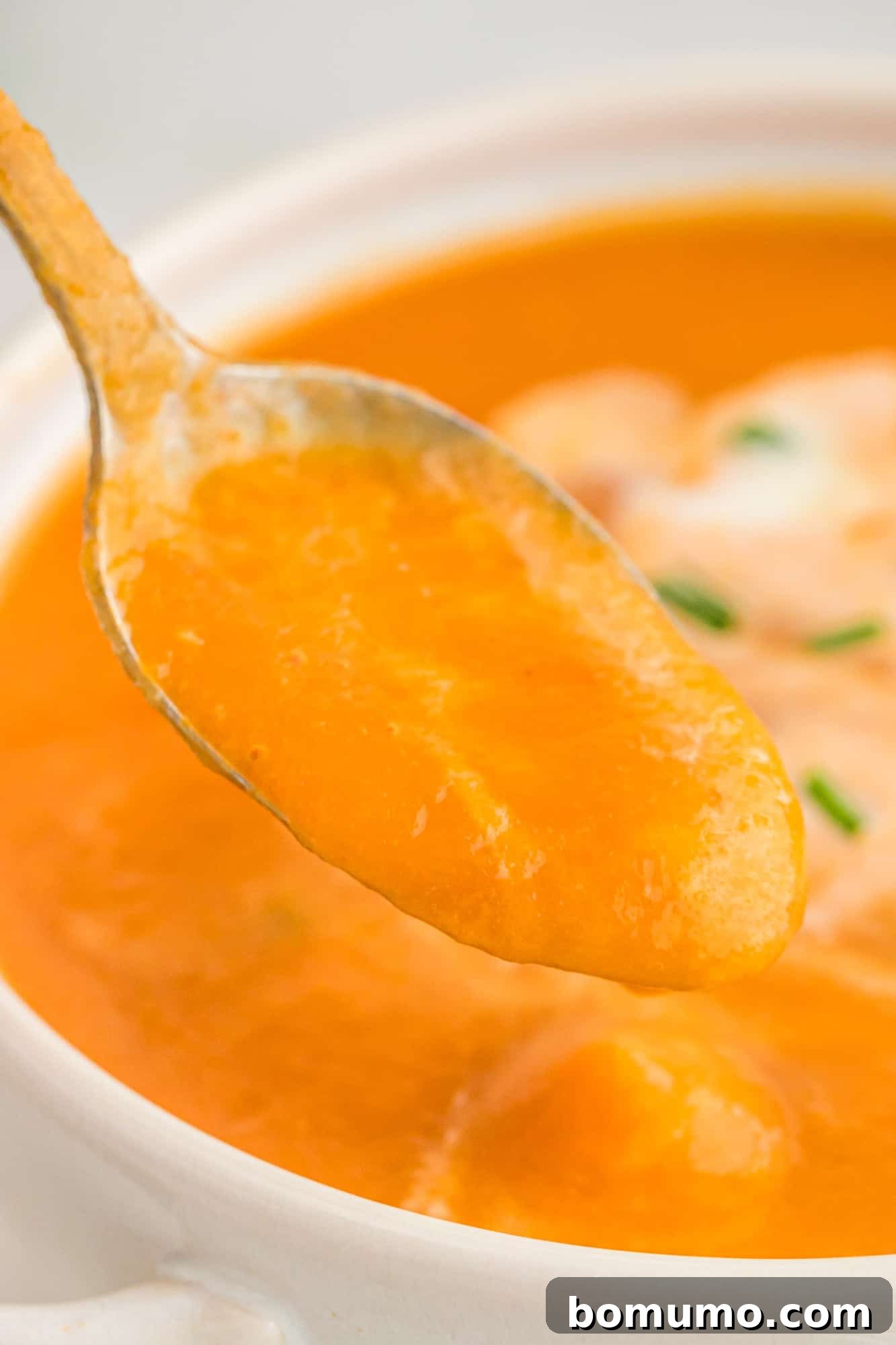 A spoonful of smooth, vibrant orange carrot soup, highlighting its creamy texture.