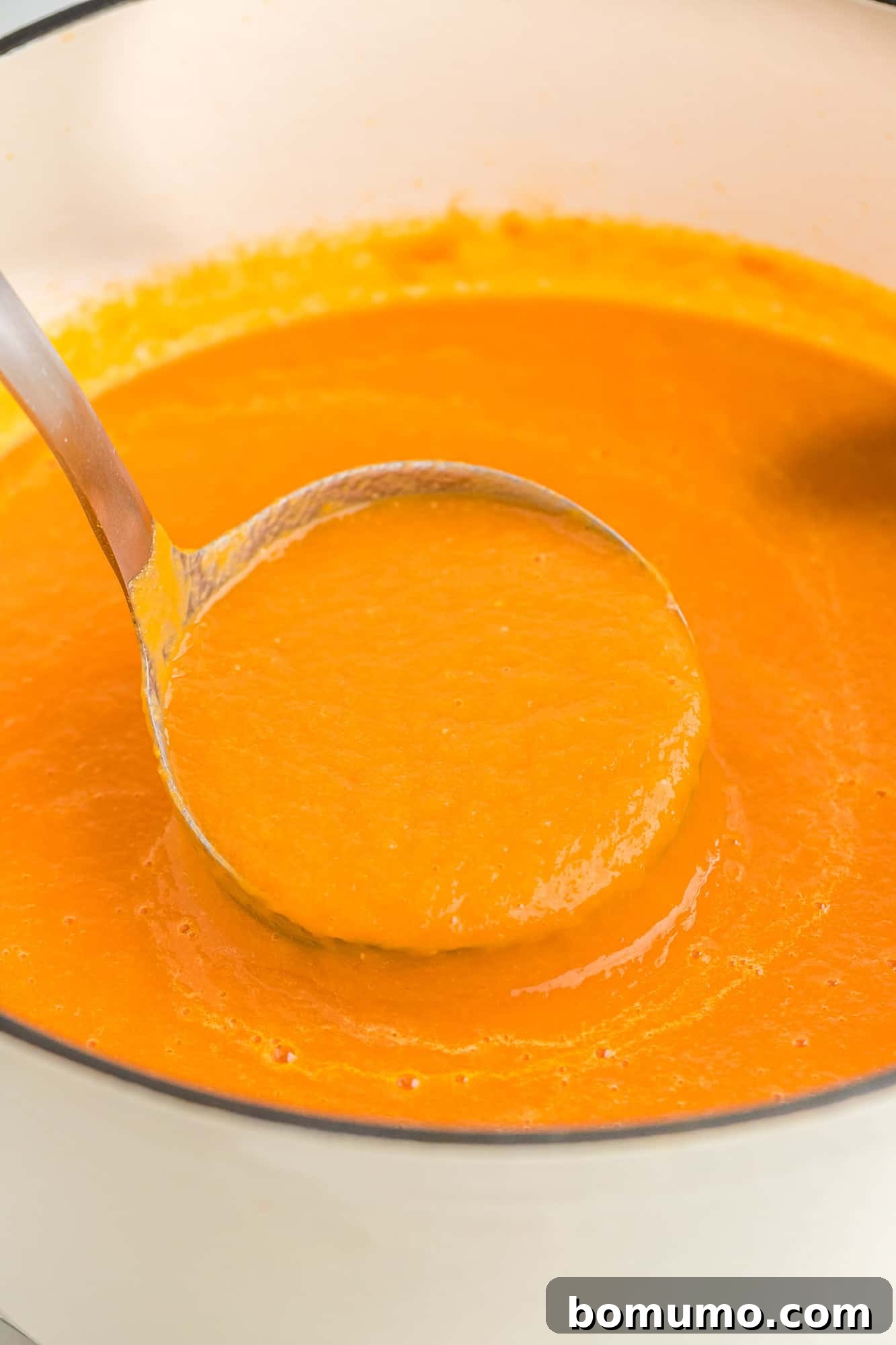 A ladle scooping perfectly smooth, bright orange carrot soup from a pot.