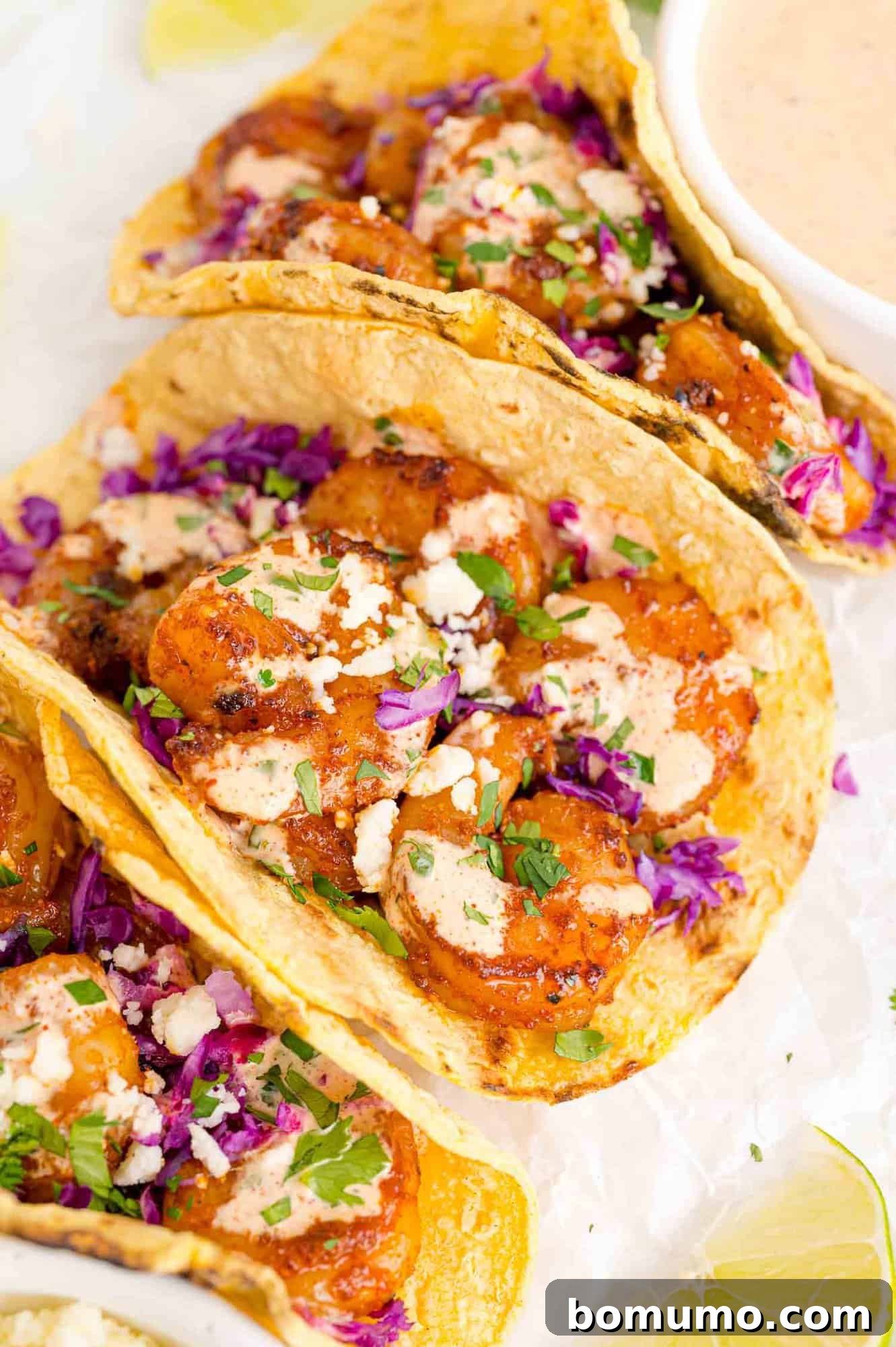 Shrimp tacos with creamy drizzle, red cabbage, cotija cheese, and fresh cilantro.