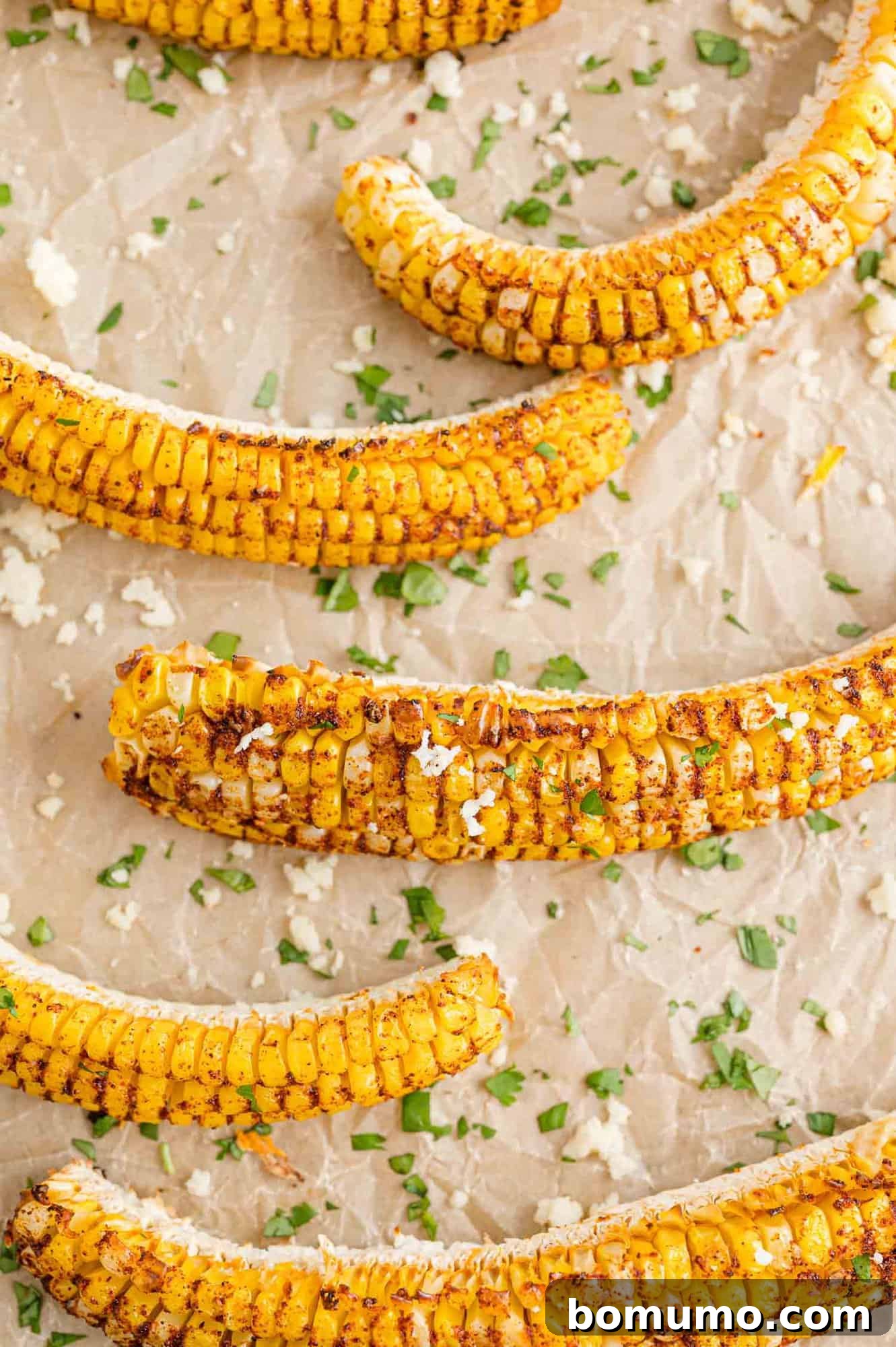 Corn ribs on a natural colored sheet of parchment paper, beautifully roasted and curled.