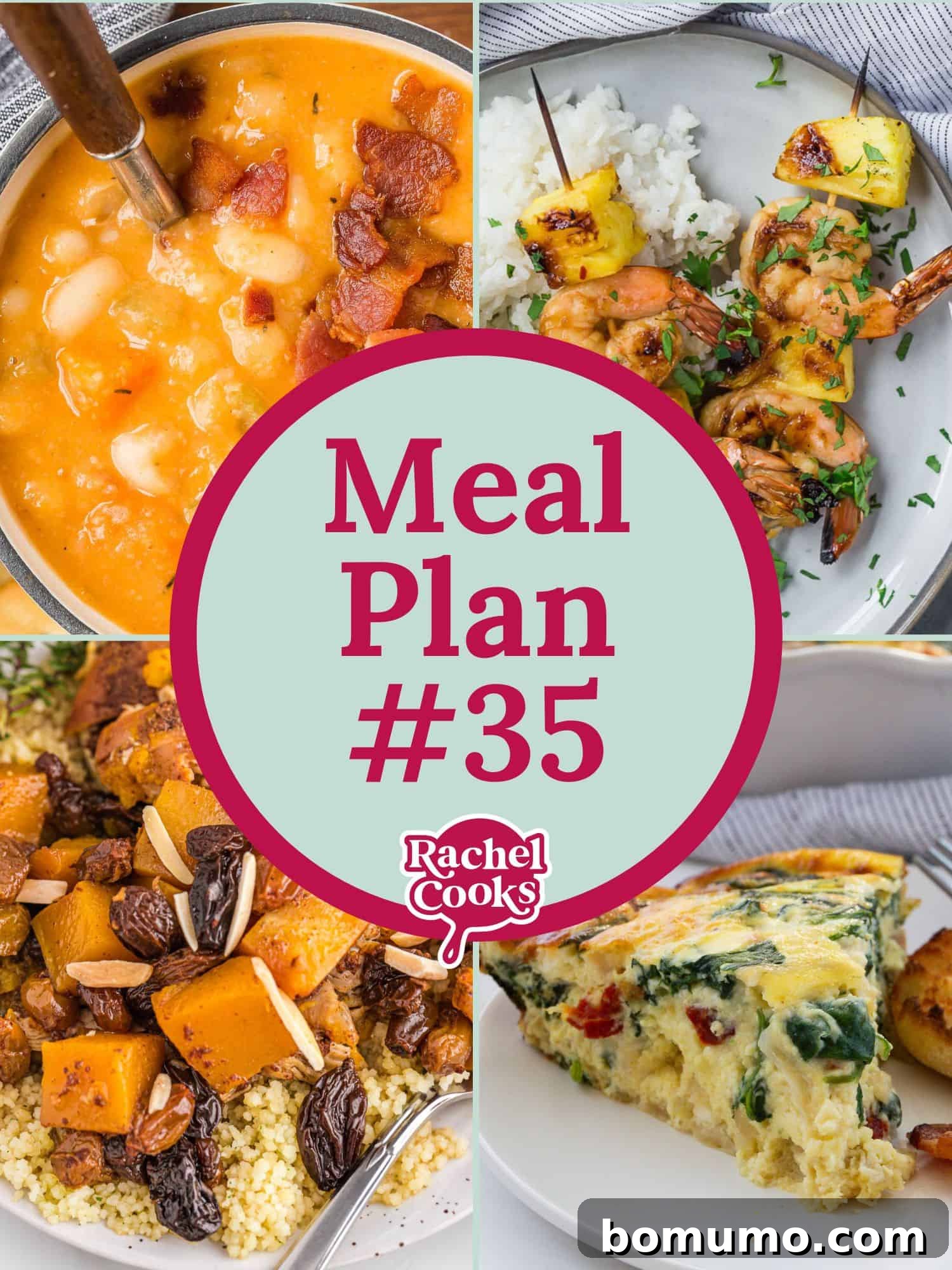A visually appealing meal plan graphic featuring text and appetizing photos, showcasing a variety of healthy and delicious recipes for Meal Plan 35. This image emphasizes structured meal preparation for the week.