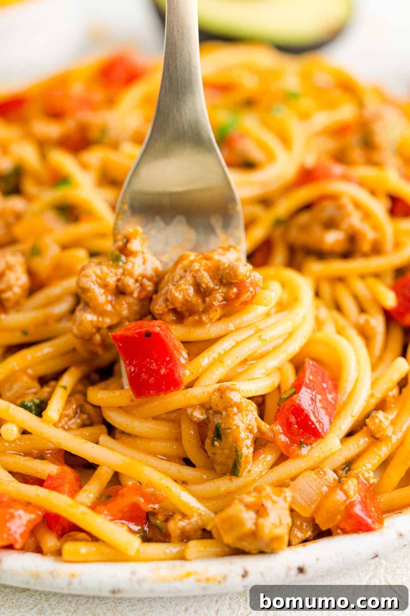 Mexican spaghetti, shown twirled around a fork.