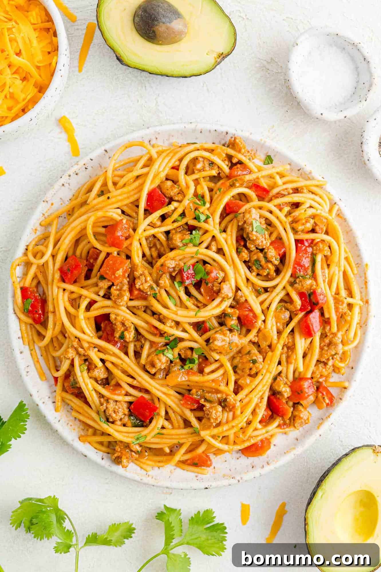 Mexican spaghetti on a large serving platter.