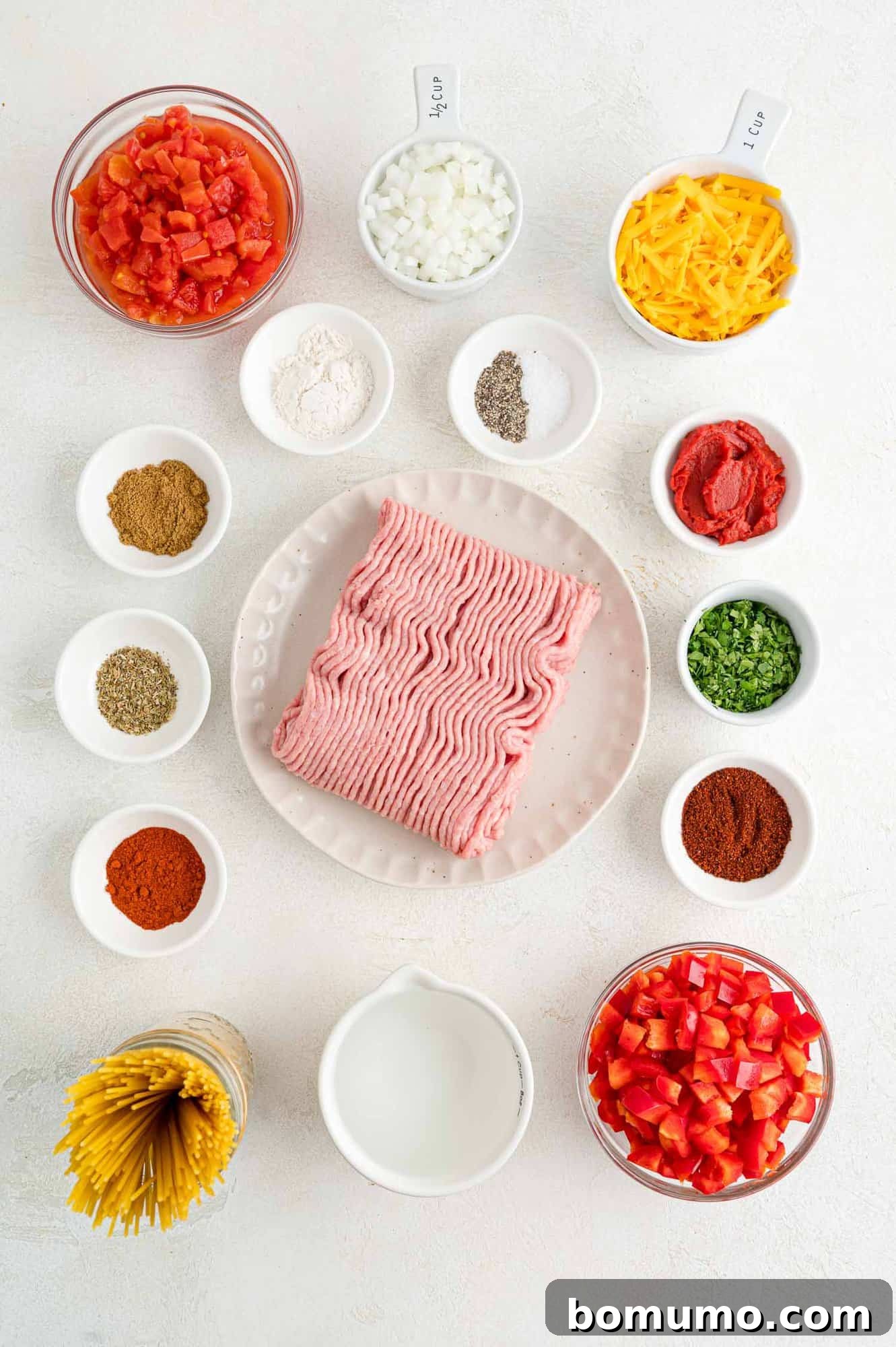 Ingredients needed for recipe, including ground turkey.