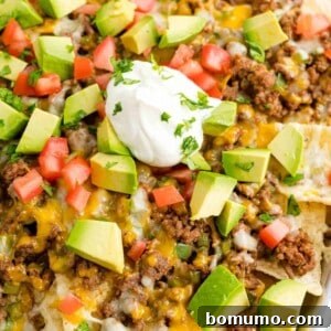 Close up view of a tray of beef nachos topped with cheese, diced tomatoes, avocados, onions, and dollops of sour cream.