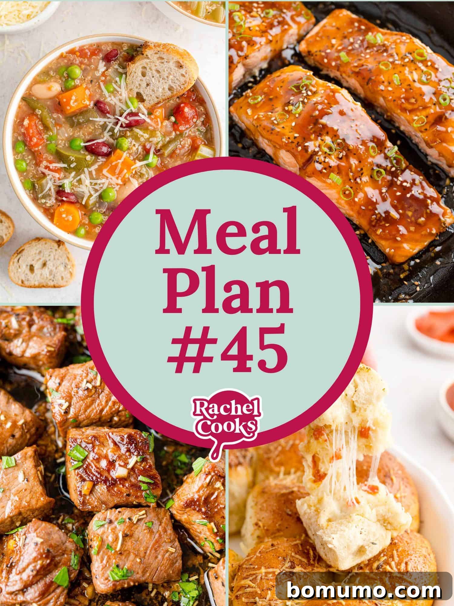 A vibrant graphic depicting various healthy meal plans with text overlays and images of delicious dishes.