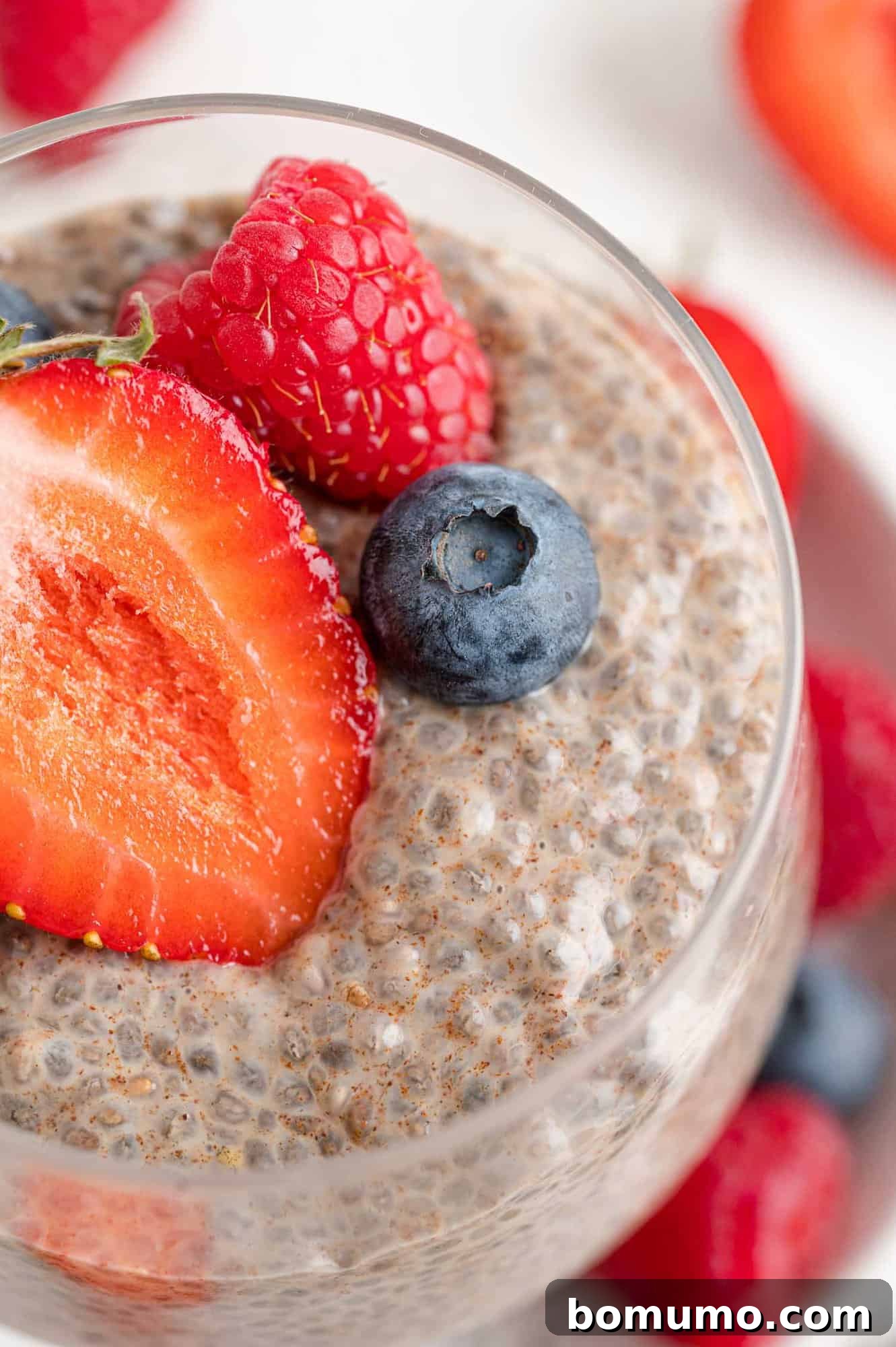 A close-up view of chia pudding generously topped with a vibrant assortment of fresh berries.