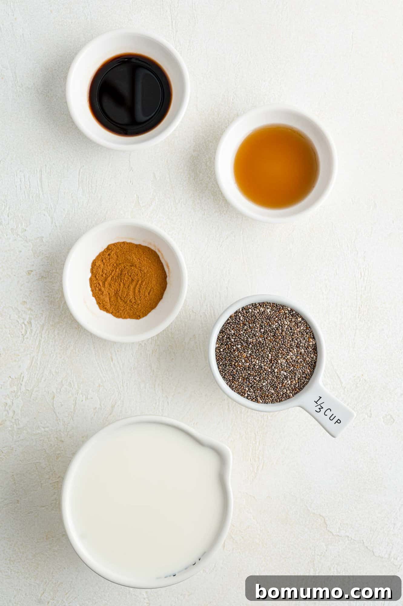 All the dry and wet ingredients for chia seed pudding laid out on a surface.