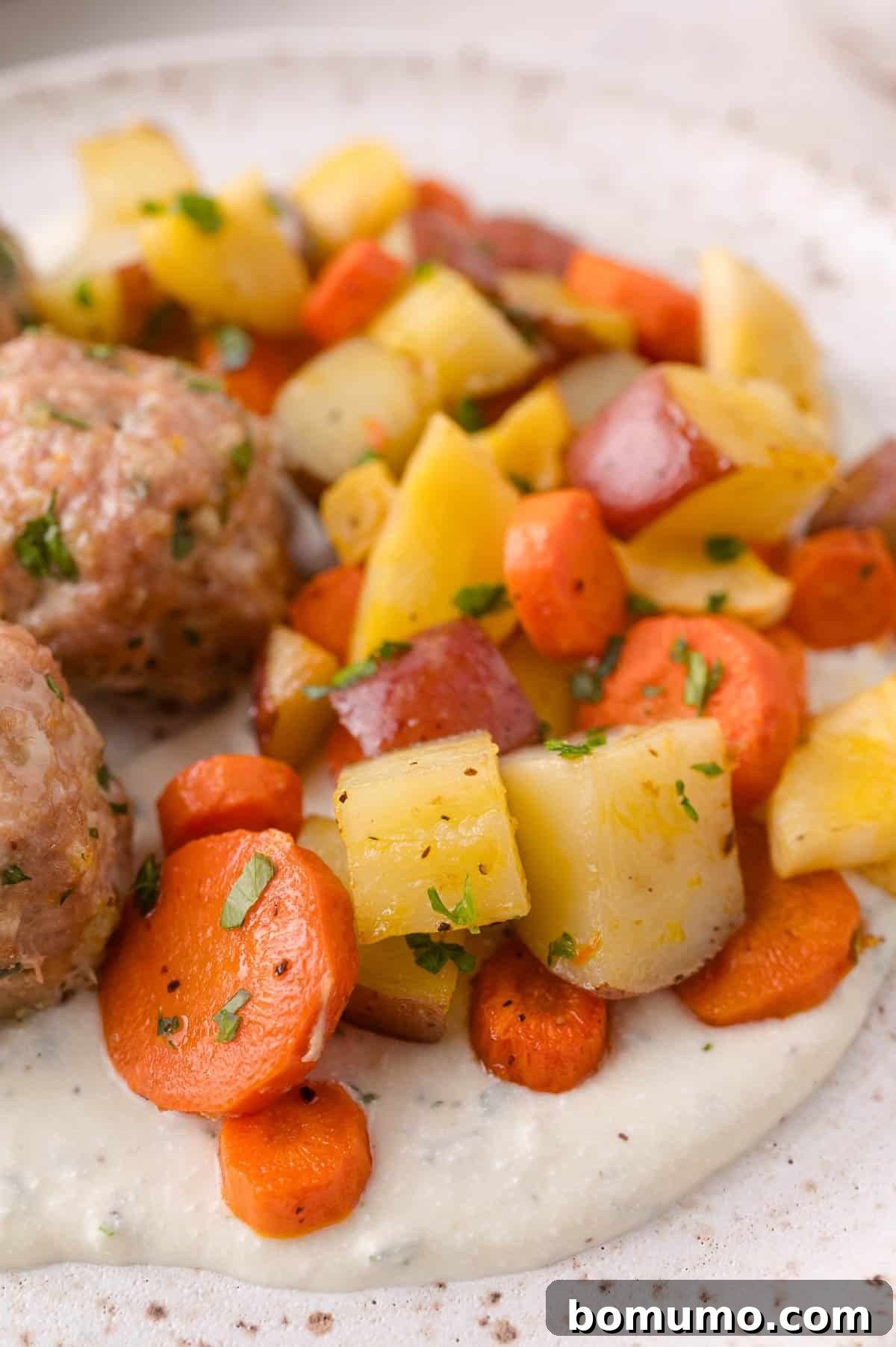 Roasted Vegetables and Meatballs with Creamy Sauce