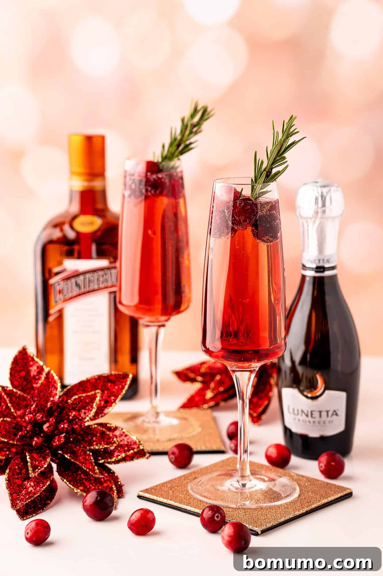 Close-up of Poinsettia Cocktails with cranberry and rosemary garnish.