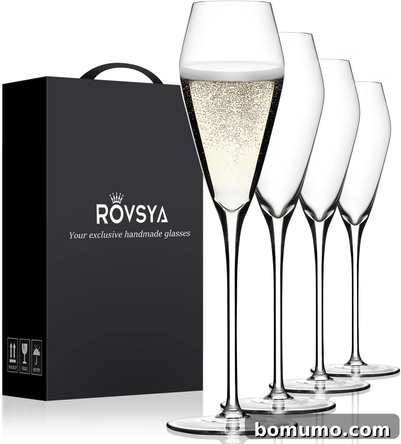 Champagne flutes and a Rovsya branded box.
