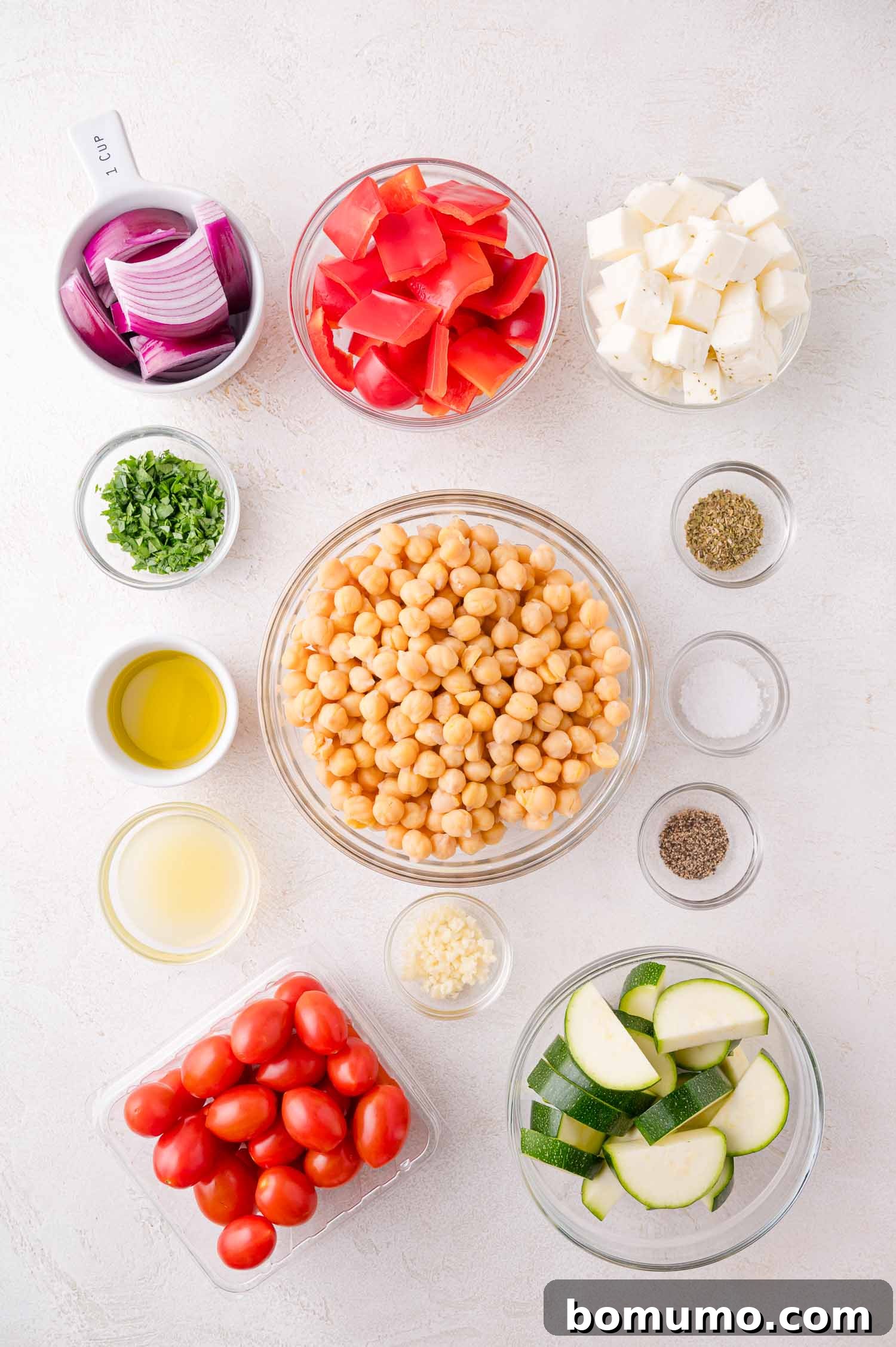 Ingredients for Mediterranean Chickpea and Halloumi Sheet Pan Dinner.
