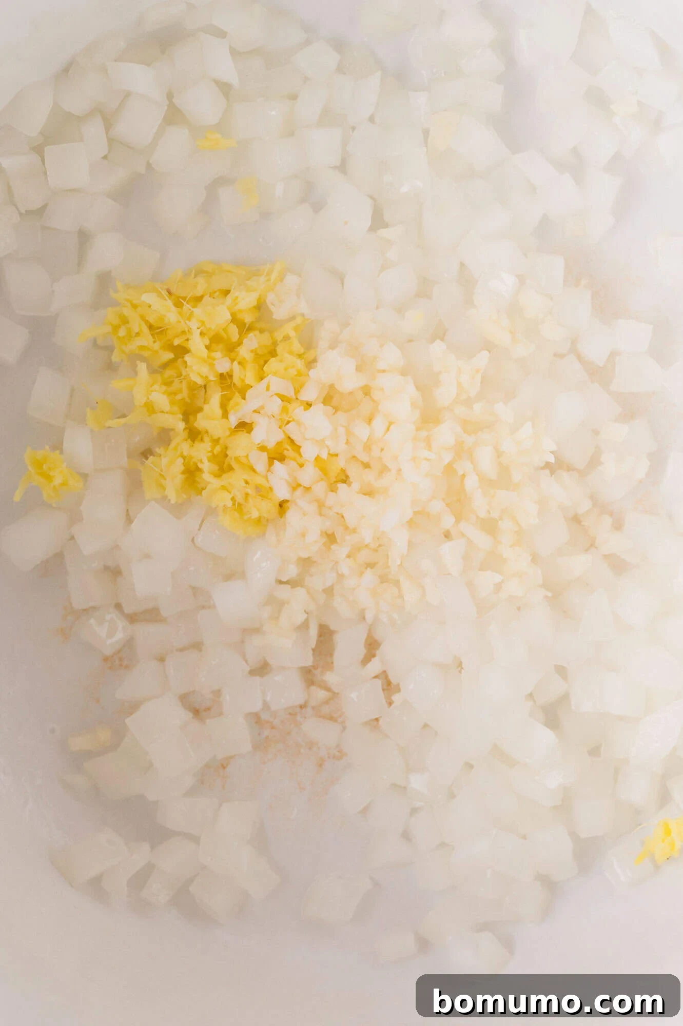 Adding ginger and garlic to onions