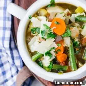 Overhead view of a bowl of color homemade vegetable soup.
