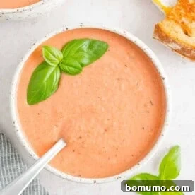 Creamy tomato soup topped with basil.