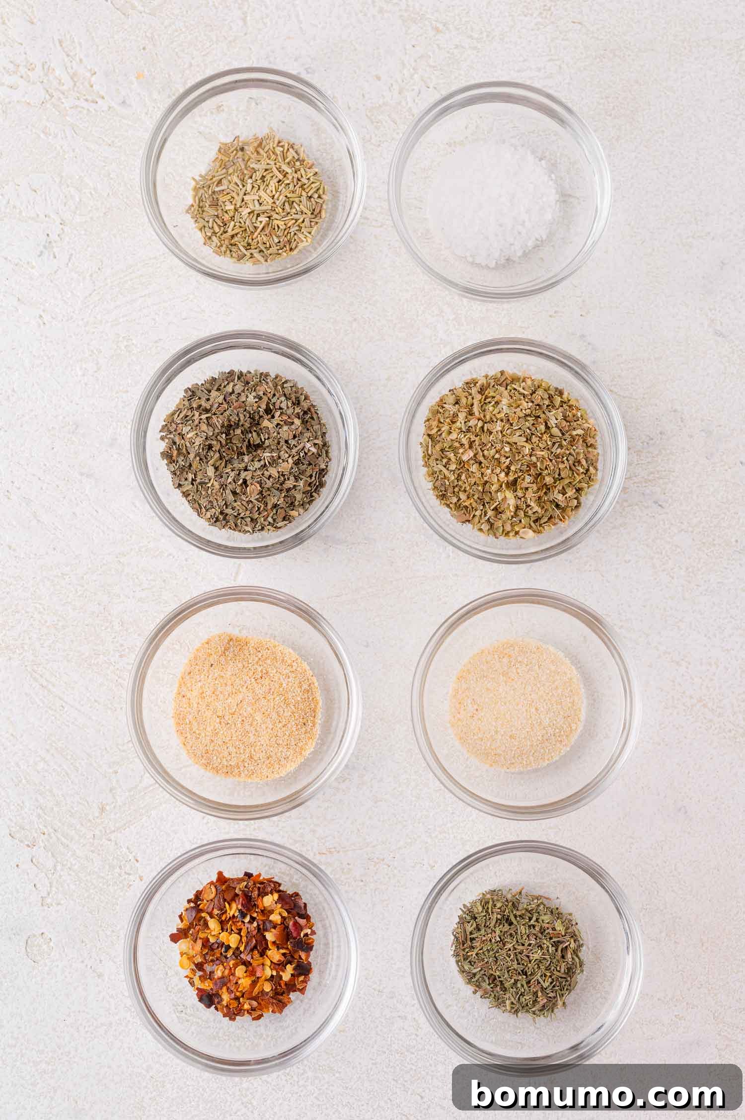 Individual ingredients for pizza seasoning