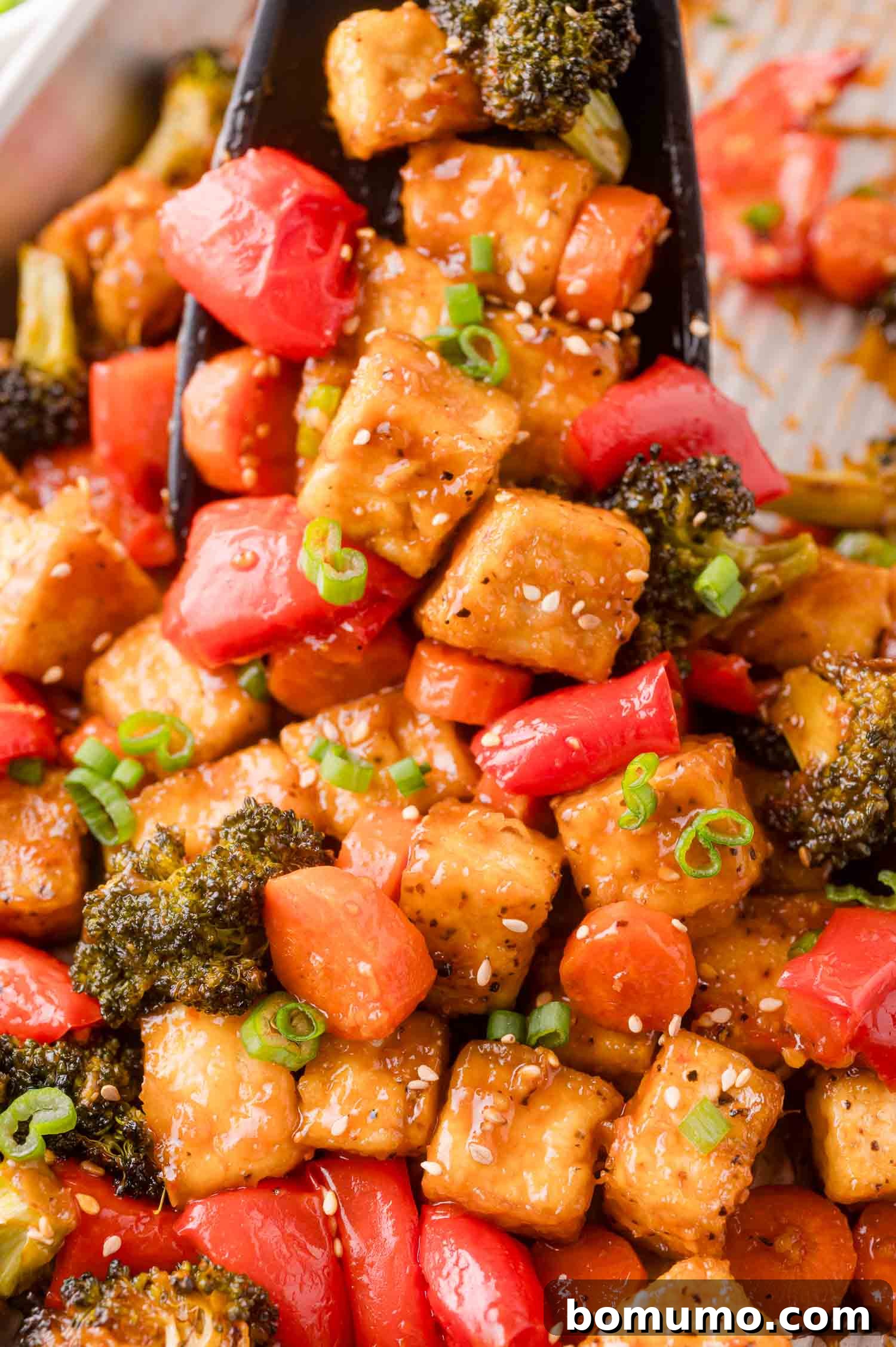 Sheet Pan General Tso Tofu with Broccoli, Bell Pepper, and Carrots