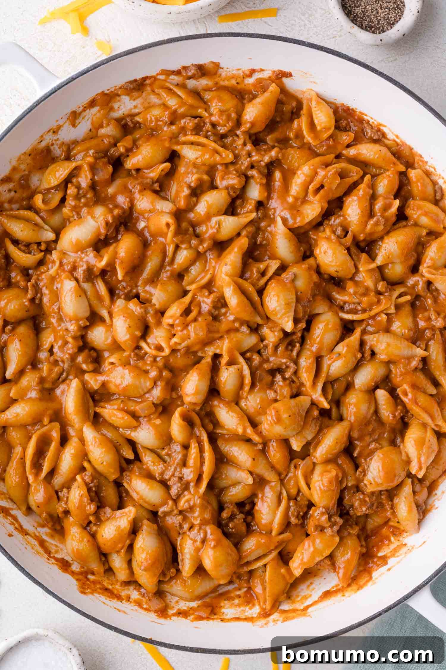 Creamy Beef and Shells in a skillet