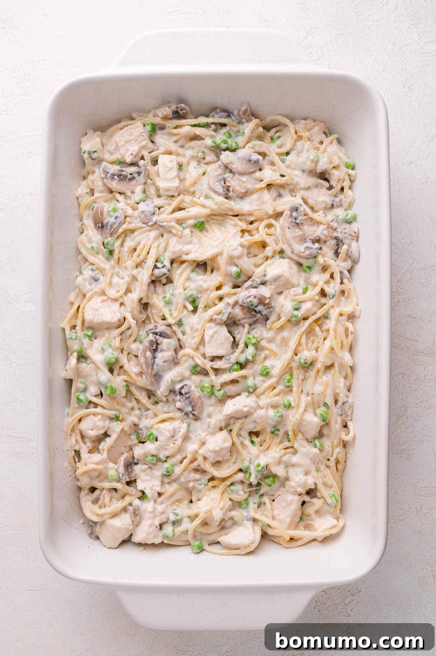 Chicken tetrazzini in baking dish