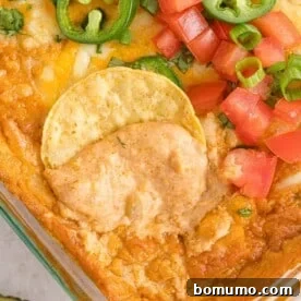 Cheesy Refried Bean Dip with a crispy tortilla chip being dipped in.