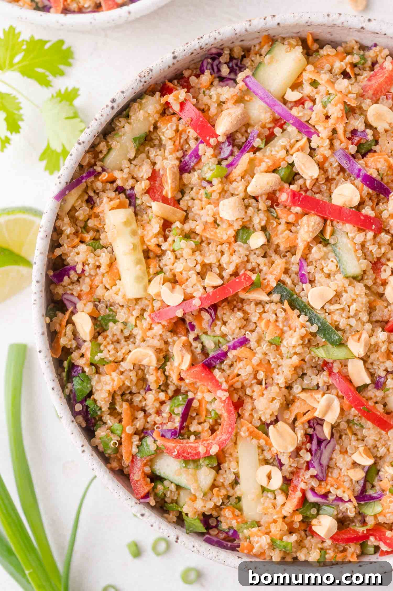 Quinoa Spring Roll Salad with vibrant vegetables and a creamy peanut dressing