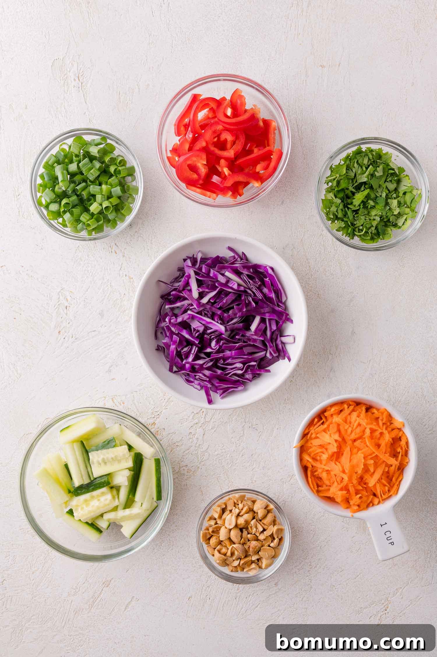 Ingredients for the salad: cabbage, carrots, cucumber, bell pepper, cilantro, and peanuts