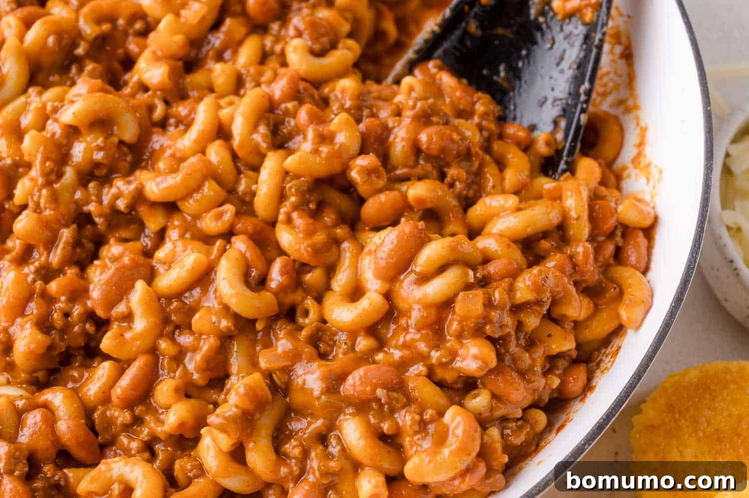 Chili mac with cornbread on the side.