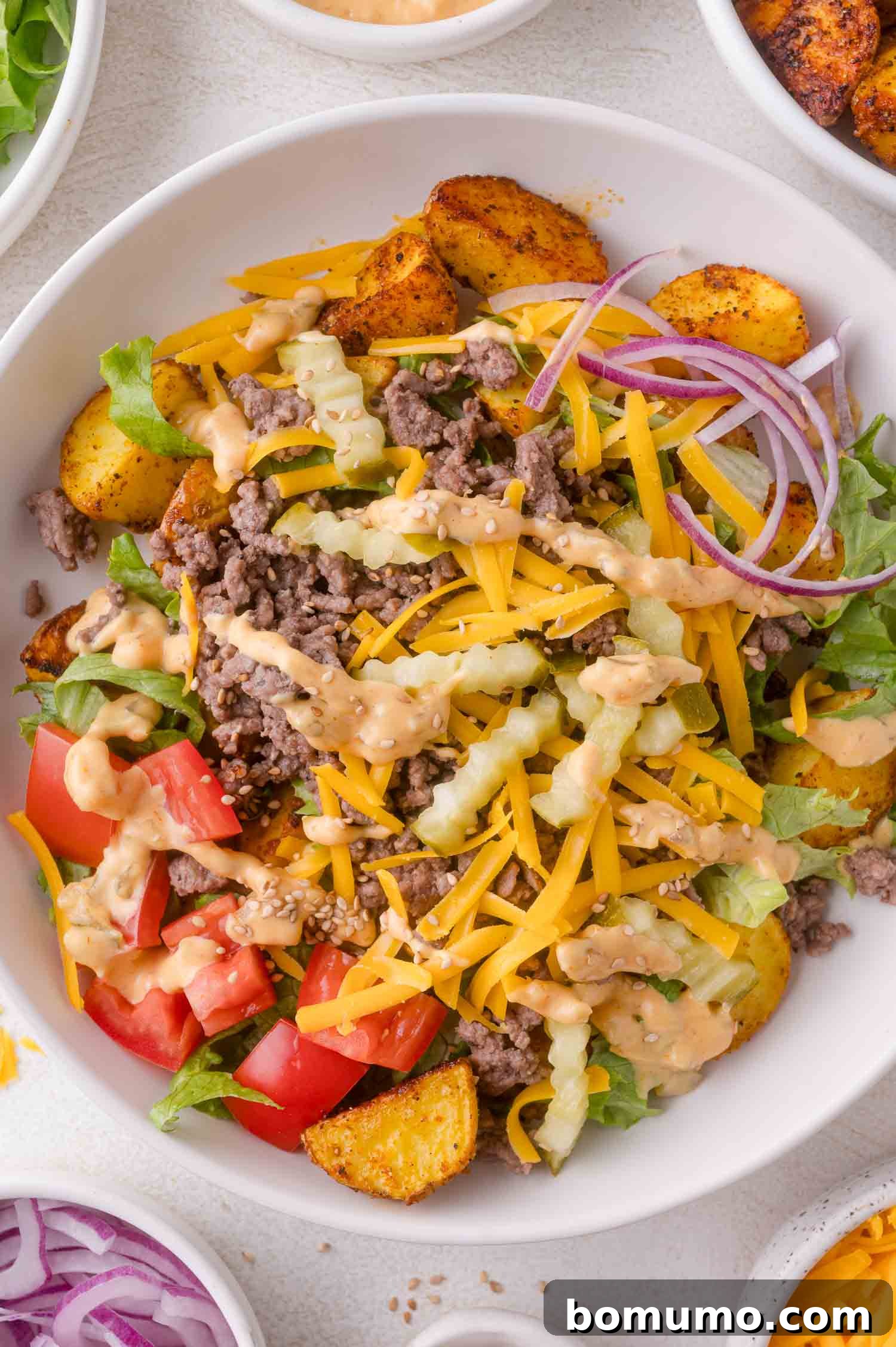 Close up of a burger bowl.