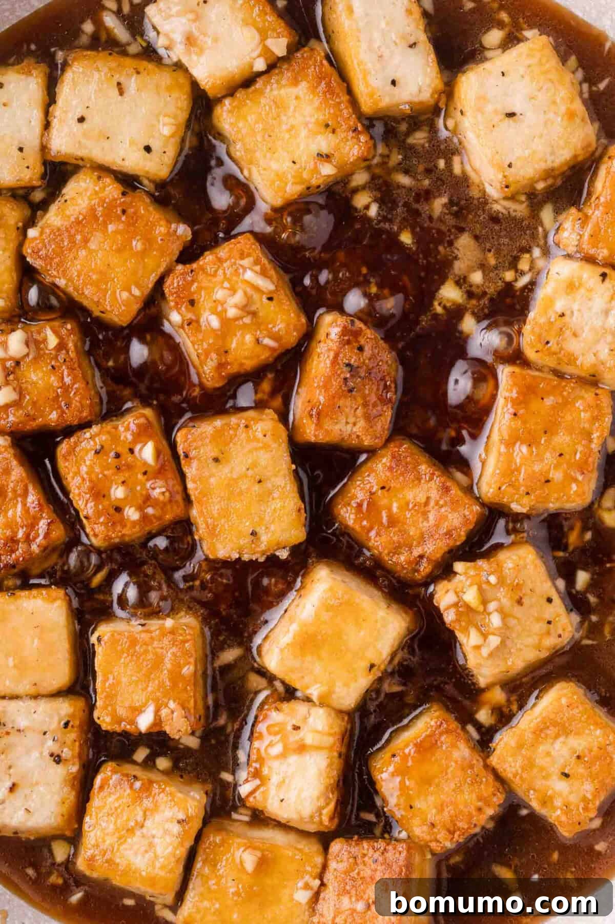 Golden brown tofu cubes in a dark, garlicky sauce, shown from above.