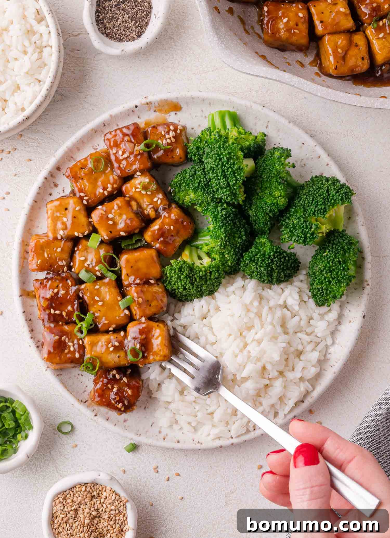 A plate with rice, broccoli, and teriyaki-glazed tofu cubes, with a hand holding a fork. Bowls of rice, pepper, green onions, and sesame seeds surround the plate.