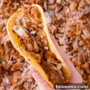 A hand holds a taco filled with shredded seasoned carnitas, with more shredded meat scattered in the background.