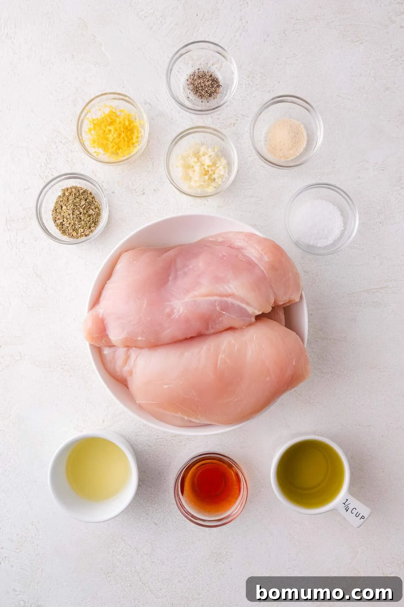 Raw chicken breasts, alongside small bowls containing olive oil, red wine vinegar, minced garlic, oregano, lemon zest, salt, onion powder, and black pepper, ready for sauce preparation.
