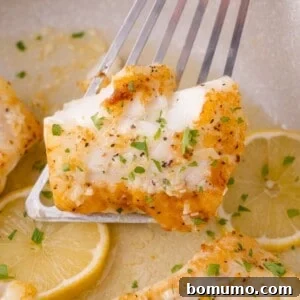 Golden Lemon Butter Cod 12 A close-up shot of a perfectly cooked lemon butter cod fillet on a spatula, showcasing its flaky texture.