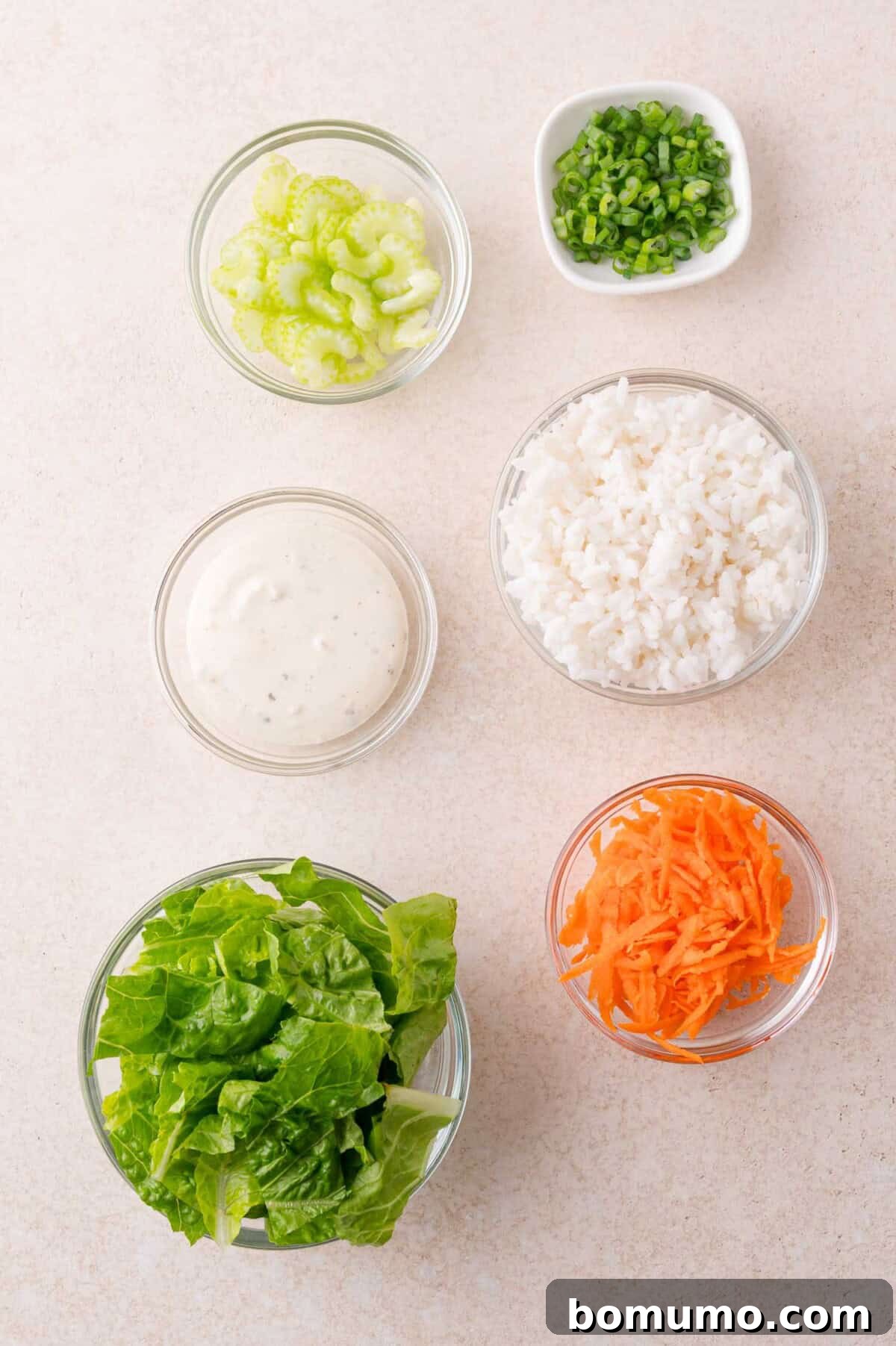 Six bowls with chopped celery, sliced green onions, cooked white rice, ranch dressing, shredded lettuce, and grated carrots on a light surface.