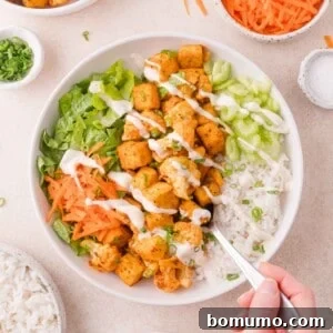 A bowl with cubed seasoned tofu, shredded lettuce, sliced cucumber, shredded carrots, white rice, and a drizzle of ranch dressing, with a hand holding a fork.