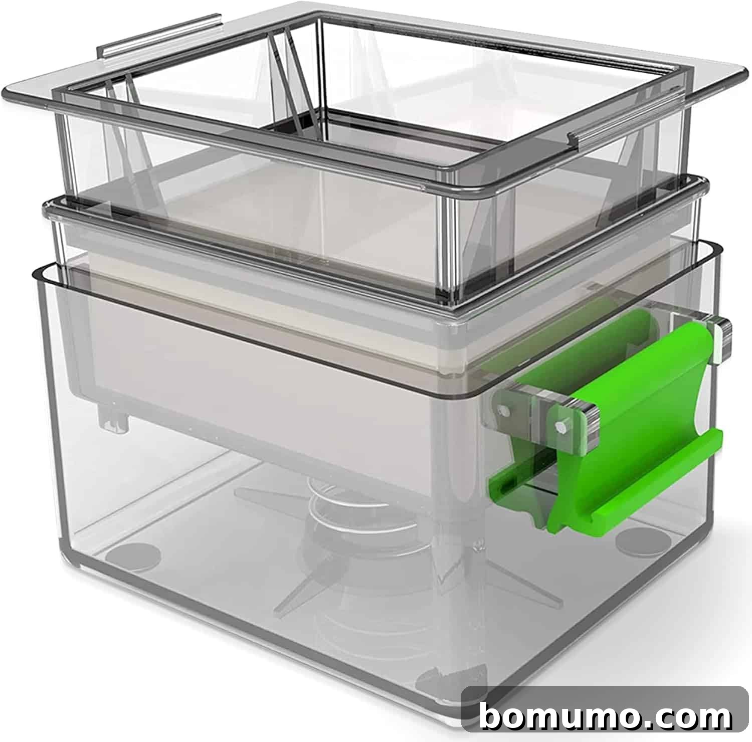 Transparent tofu press with stacked trays and a green handle on the side, featuring a spring mechanism at the bottom.
