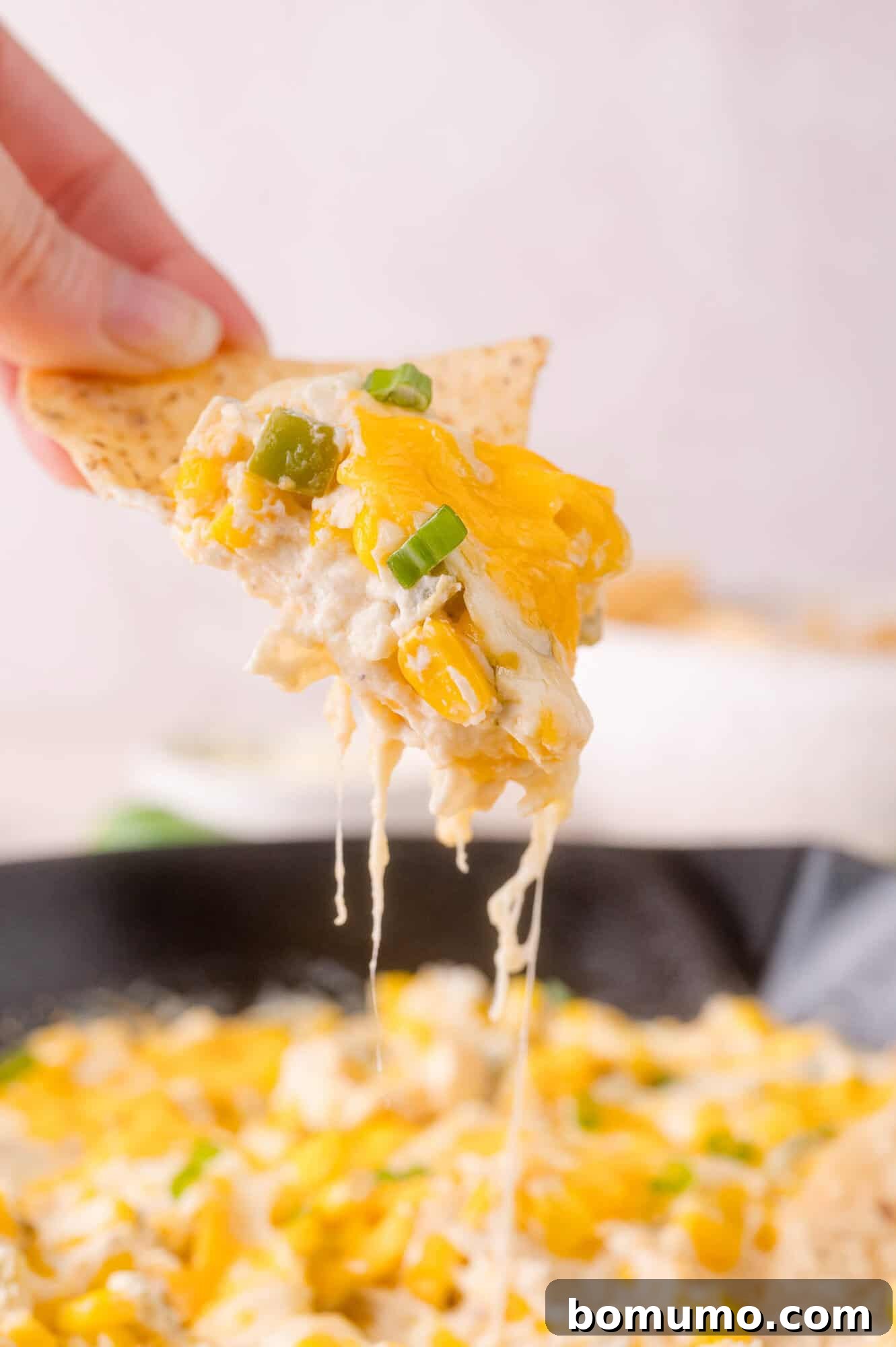 A hand holds a tortilla chip dipped in a cheesy, yellow and green onion-topped dip, with melted cheese stretching from the dish below.
